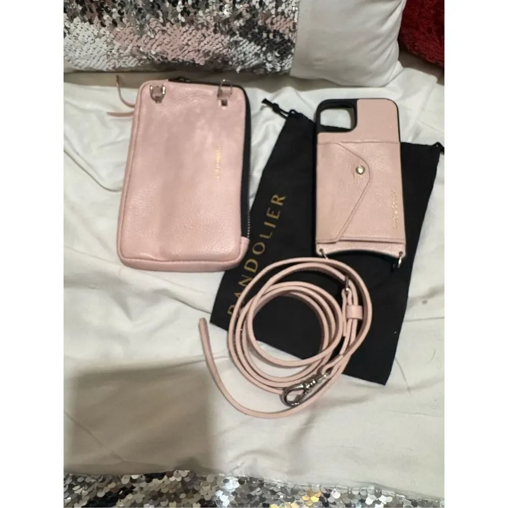 Bandolie donna iPhone 13 case & pink leather crossbody /belt/strap set w/pouch